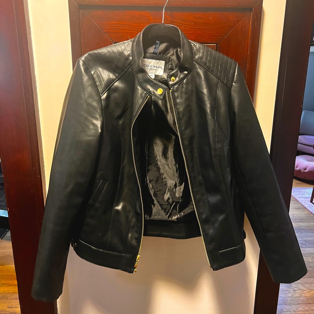 Black Cole Haan Faux Leather Jacket, M